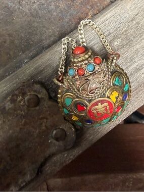 Tibetan OM Mantra Snuff Bottle Pendant Bronze Turquoise Coral Buddhist Amulet